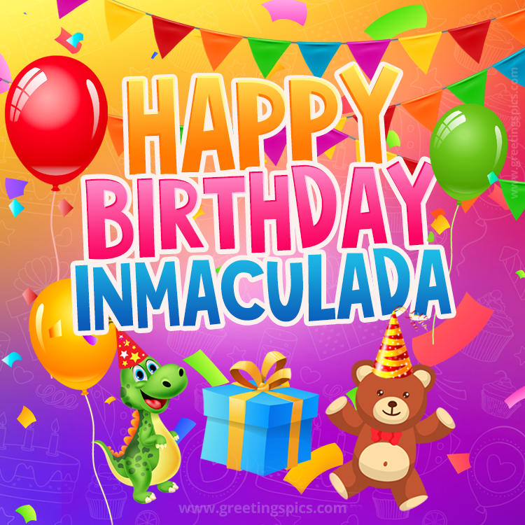 Happy Birthday Inmaculada Image for a child with cute dinosaur and bear (square shape image)