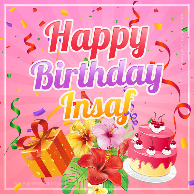 Beautiful Birthday Card for Insaf with Cake and bouquet of flowers (square shape image)