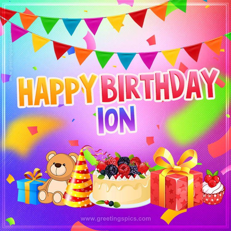 Bright card with Wishes for a Happy Birthday for Ion (square shape image)