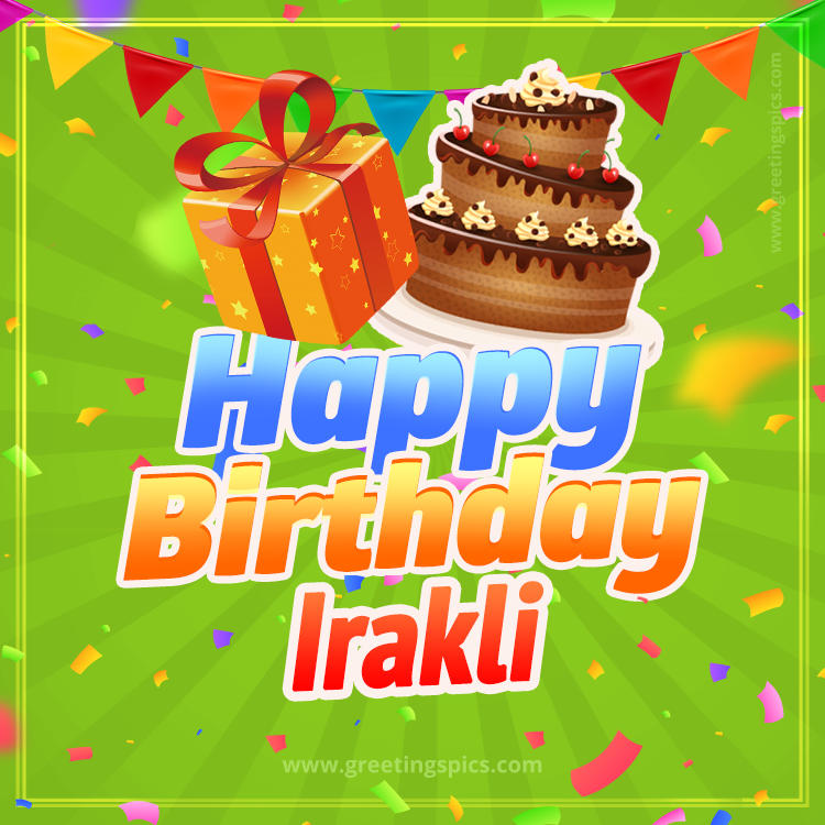 Happy Birthday Irakli picture with flags, chocolate cake and gift box (square shape image)