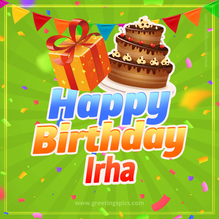 Happy Birthday Irha picture with flags, chocolate cake and gift box (square shape image)