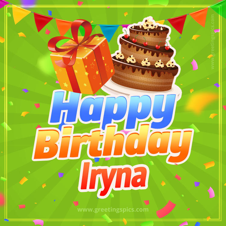 Happy Birthday Iryna picture with flags, chocolate cake and gift box (square shape image)