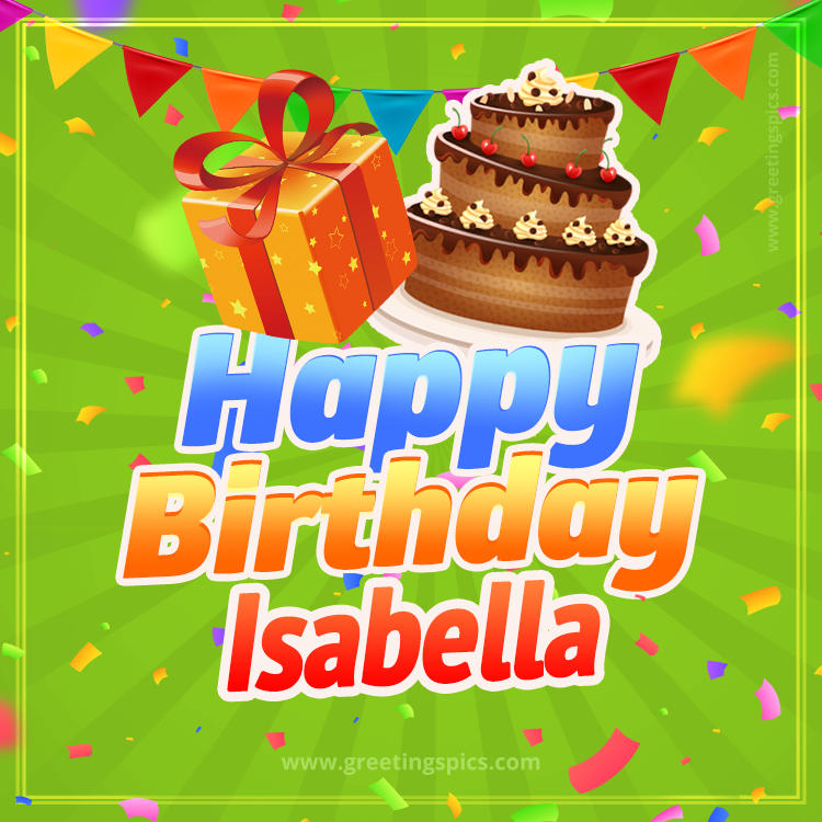 Happy Birthday Isabella picture with flags, chocolate cake and gift box (square shape image)