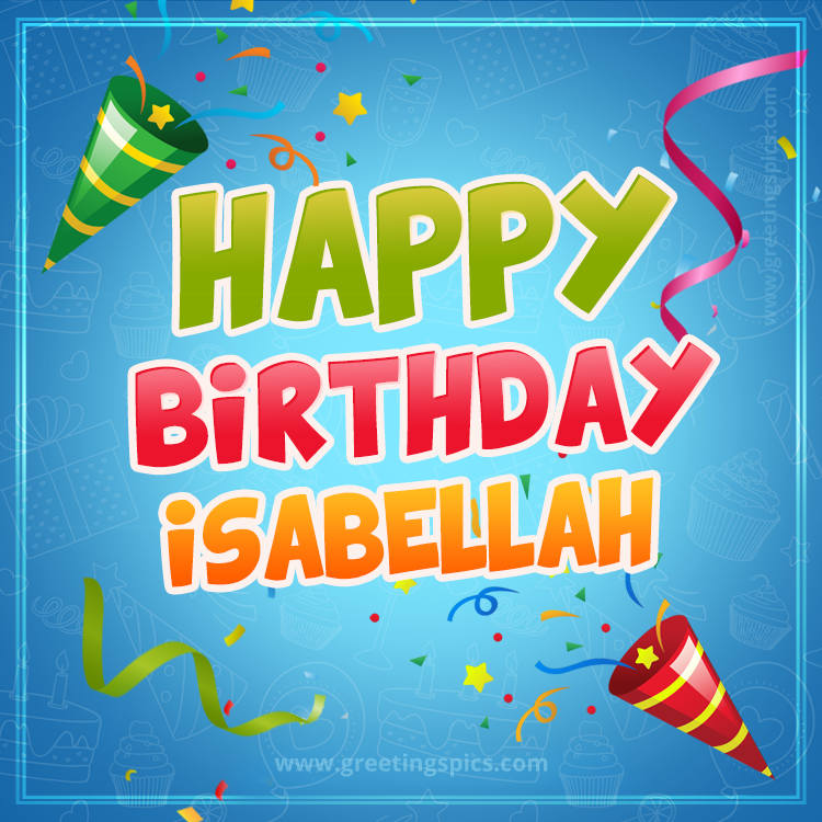 Happy Birthday Isabellah picture with confetti and party poppers (square shape image)