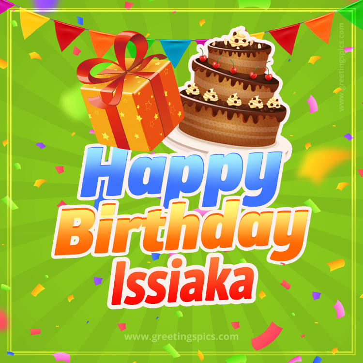 Happy Birthday Issiaka picture with flags, chocolate cake and gift box (square shape image)