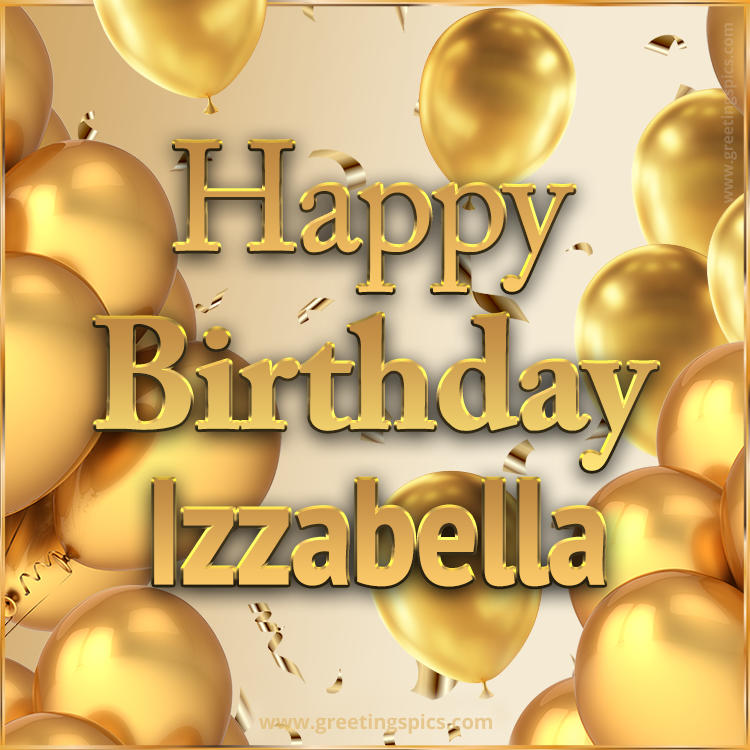 Happy Birthday Izzabella Card with golden confetti and balloons (square shape image)