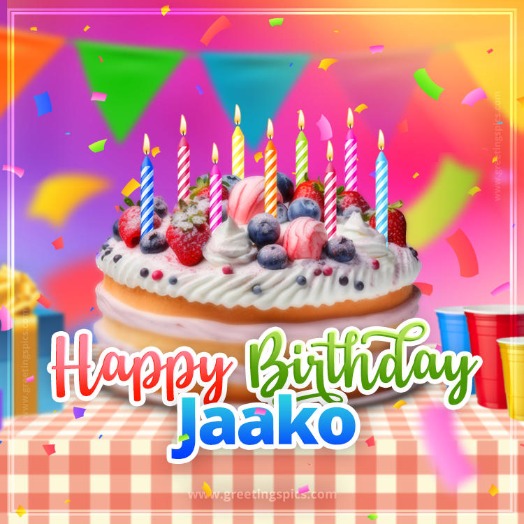 Happy Birthday Jaako Colorful Image with fruit cake and candles (square shape image)