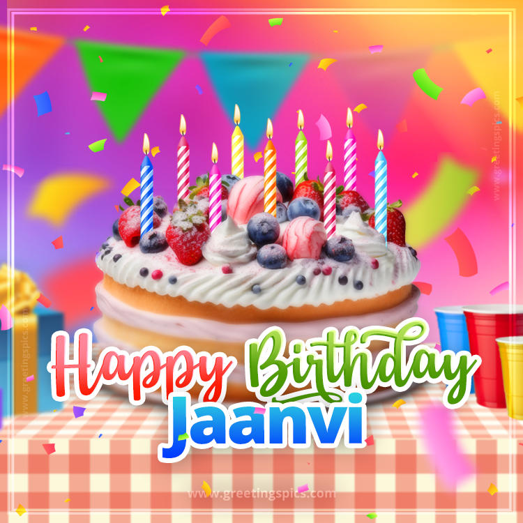 Happy Birthday Jaanvi Colorful Image with fruit cake and candles (square shape image)