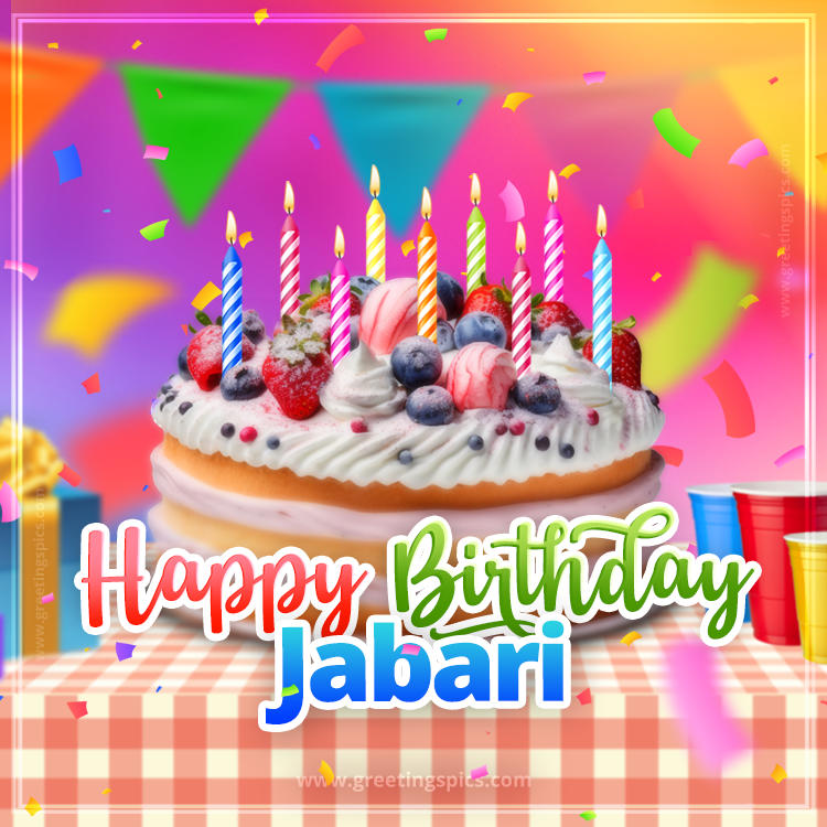 Happy Birthday Jabari Colorful Image with fruit cake and candles (square shape image)