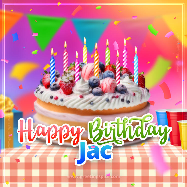 Happy Birthday Jac Colorful Image with fruit cake and candles (square shape image)