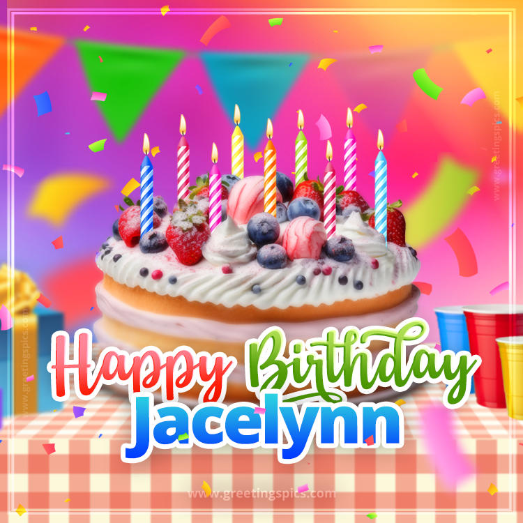 Happy Birthday Jacelynn Colorful Image with fruit cake and candles (square shape image)