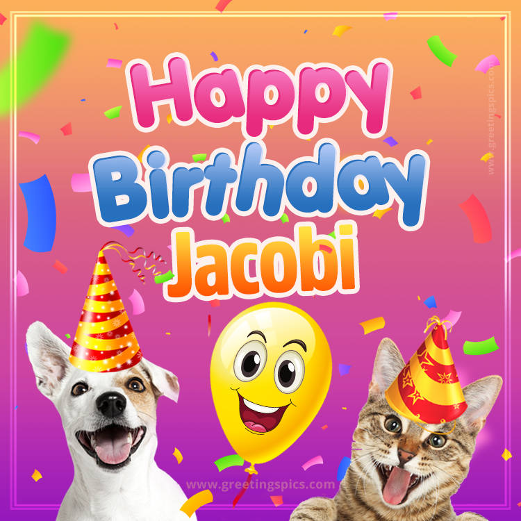 Happy Birthday Jacobi Funny Image with cat and dog (square shape image)