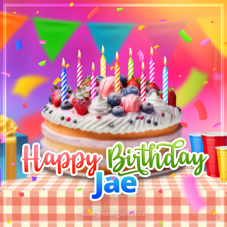 Happy Birthday Jae Colorful Image with fruit cake and candles (square shape image)