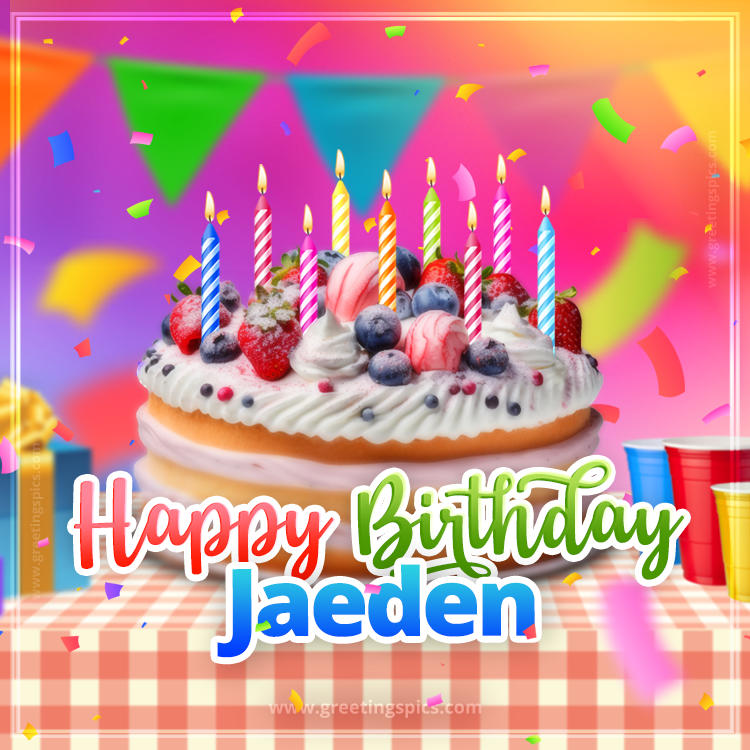 Happy Birthday Jaeden Colorful Image with fruit cake and candles (square shape image)