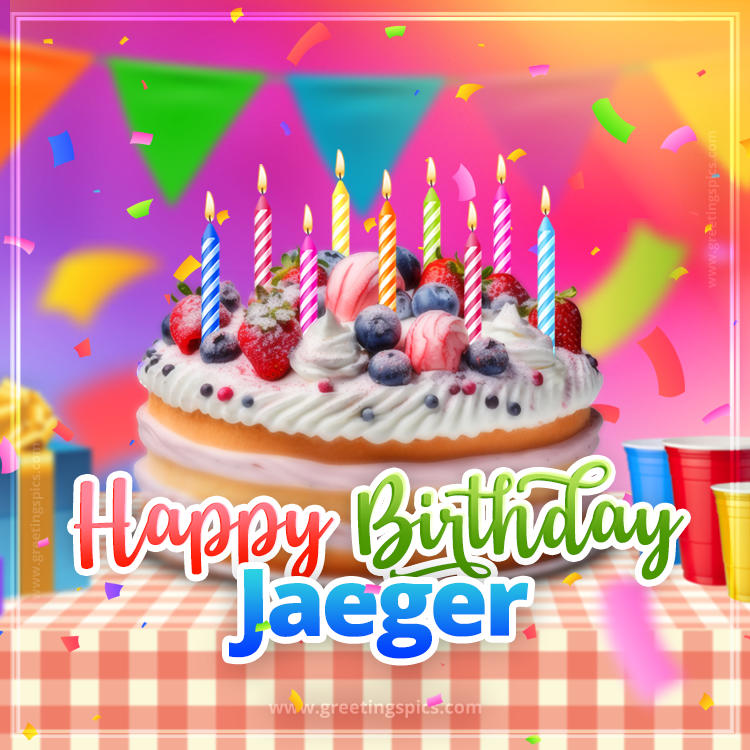 Happy Birthday Jaeger Colorful Image with fruit cake and candles (square shape image)