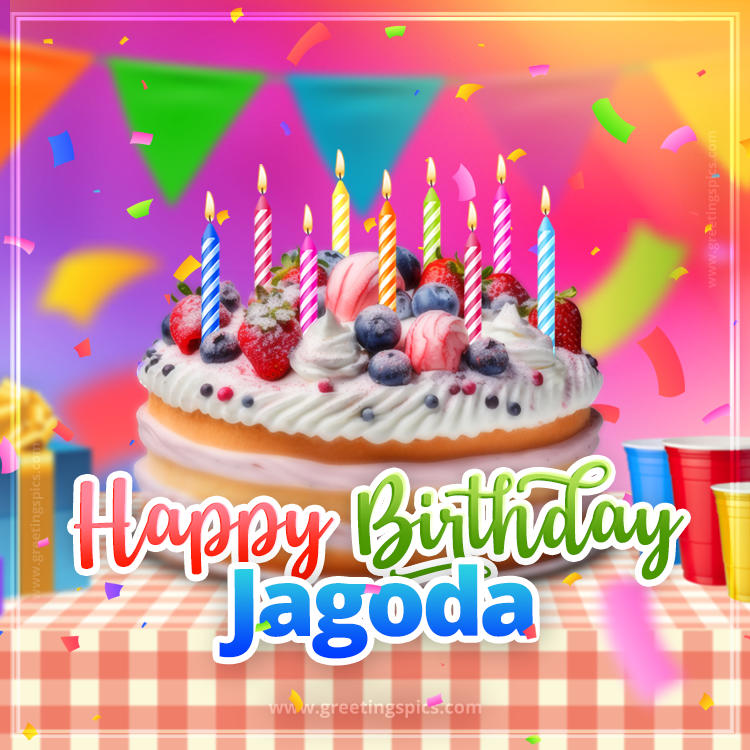 Happy Birthday Jagoda Colorful Image with fruit cake and candles (square shape image)