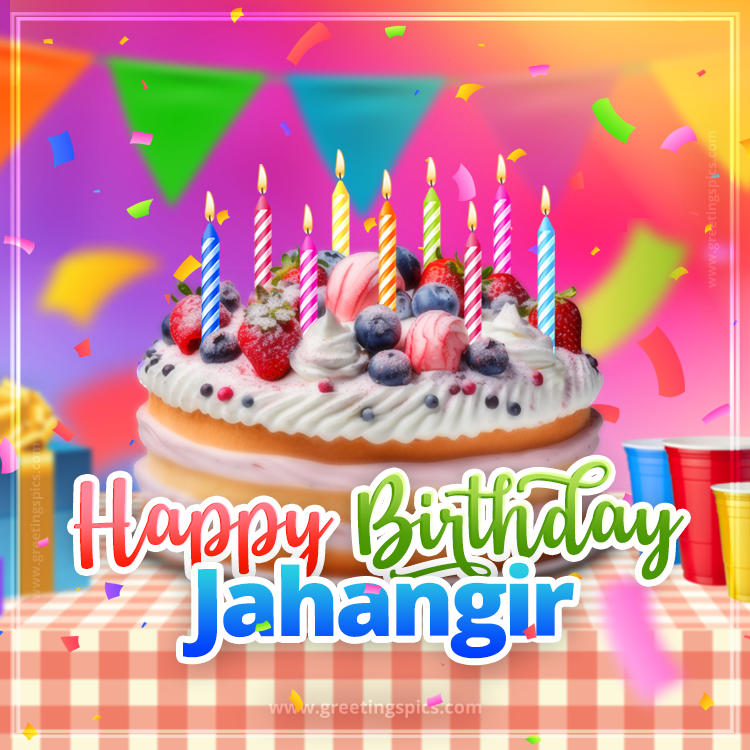 Happy Birthday Jahangir Colorful Image with fruit cake and candles (square shape image)