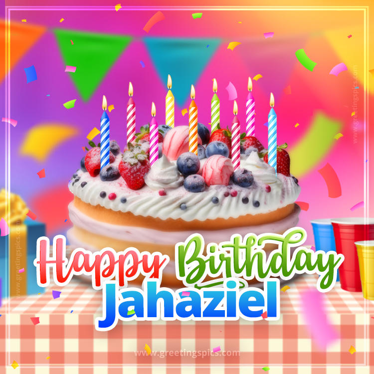 Happy Birthday Jahaziel Colorful Image with fruit cake and candles (square shape image)