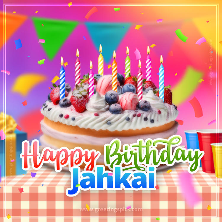 Happy Birthday Jahkai Colorful Image with fruit cake and candles (square shape image)