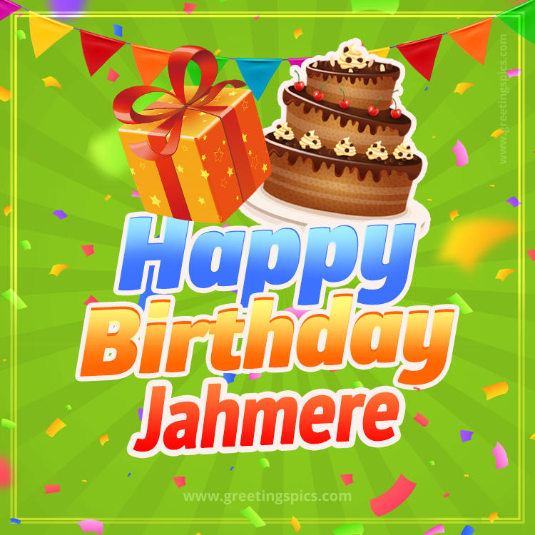 Happy Birthday Jahmere picture with flags, chocolate cake and gift box (square shape image)