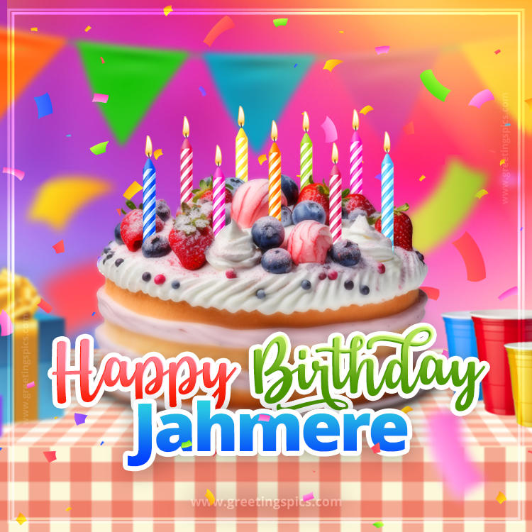 Happy Birthday Jahmere Colorful Image with fruit cake and candles (square shape image)