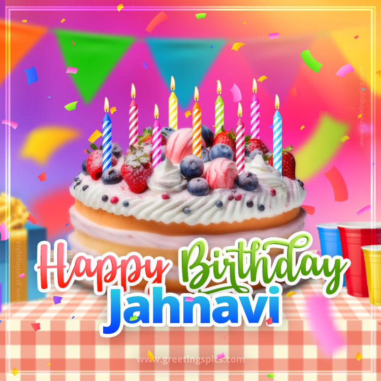 Happy Birthday Jahnavi Colorful Image with fruit cake and candles (square shape image)