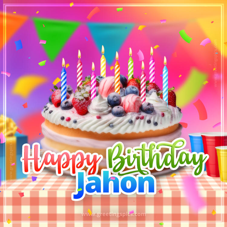 Happy Birthday Jahon Colorful Image with fruit cake and candles (square shape image)