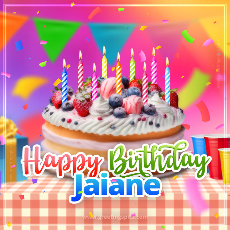 Happy Birthday Jaiane Colorful Image with fruit cake and candles (square shape image)