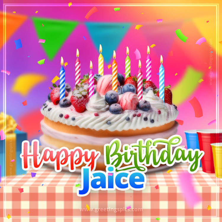 Happy Birthday Jaice Colorful Image with fruit cake and candles (square shape image)