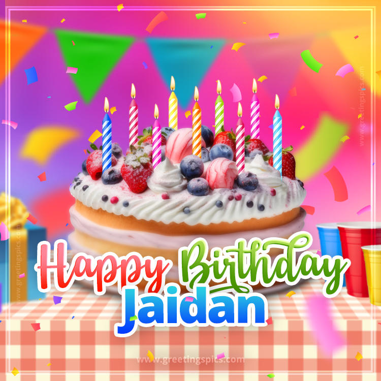 Happy Birthday Jaidan Colorful Image with fruit cake and candles (square shape image)