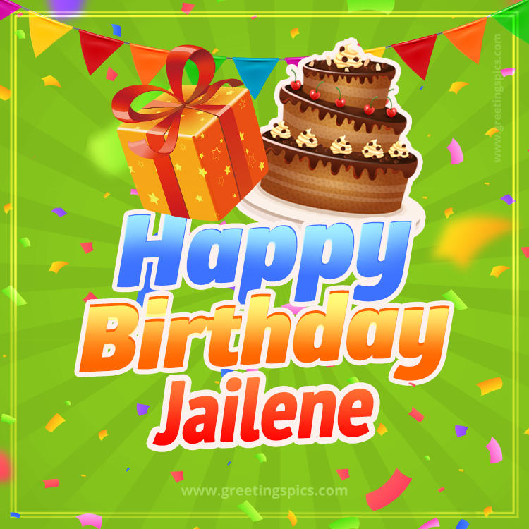 Happy Birthday Jailene picture with flags, chocolate cake and gift box (square shape image)