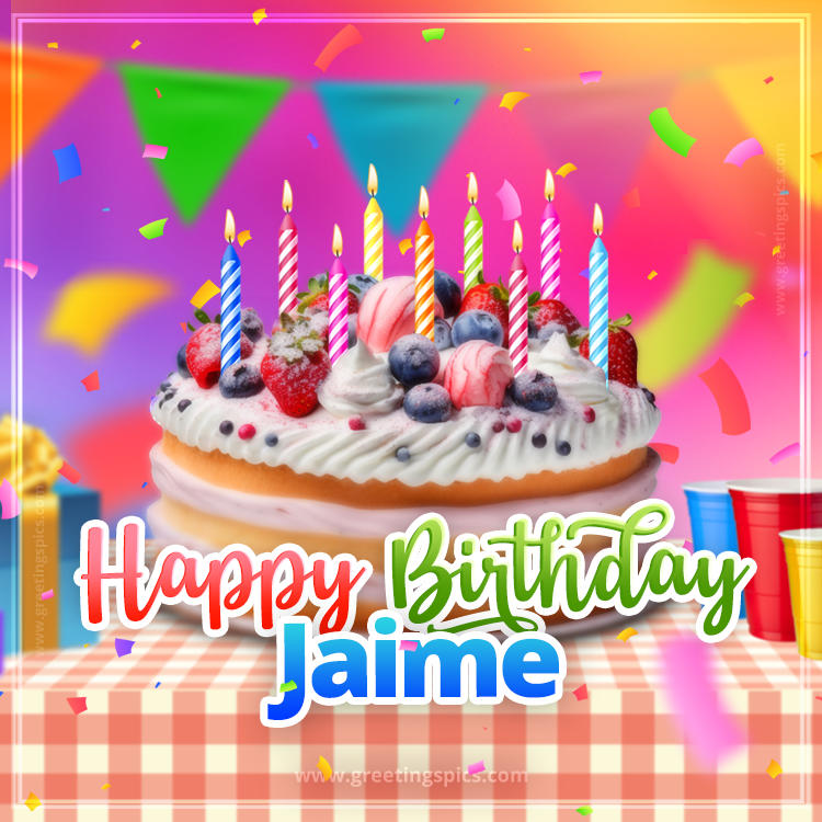 Happy Birthday Jaime Colorful Image with fruit cake and candles (square shape image)