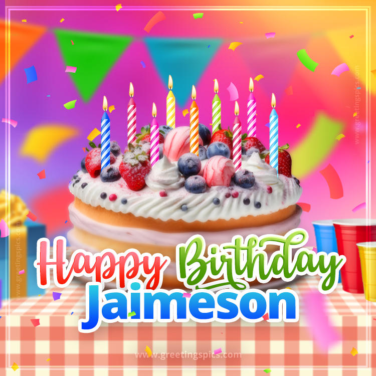 Happy Birthday Jaimeson Colorful Image with fruit cake and candles (square shape image)