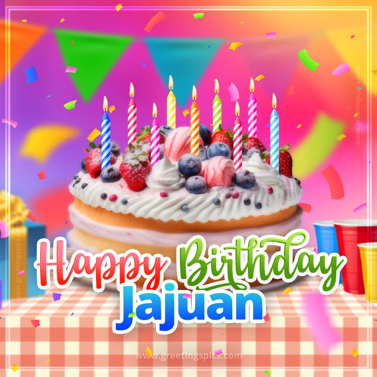 Happy Birthday Jajuan Colorful Image with fruit cake and candles (square shape image)