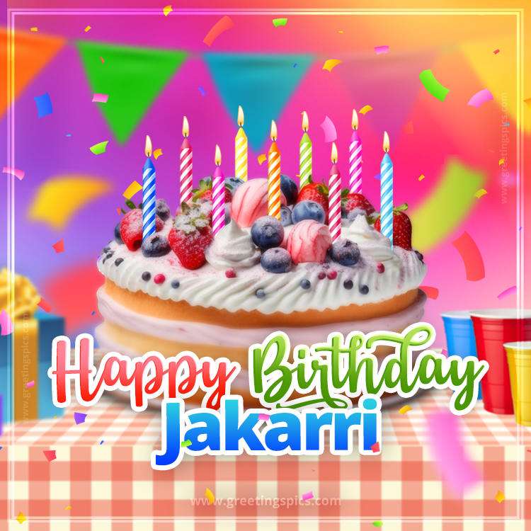 Happy Birthday Jakarri Colorful Image with fruit cake and candles (square shape image)