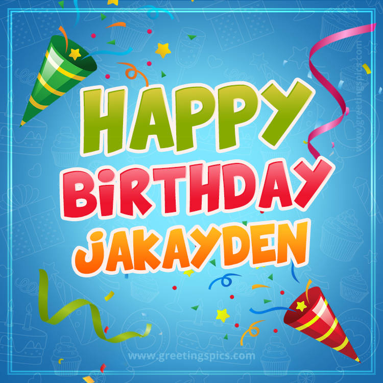 Happy Birthday Jakayden picture with confetti and party poppers (square shape image)