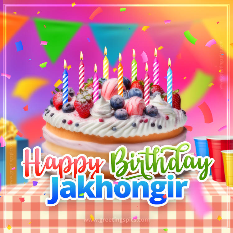 Happy Birthday Jakhongir Colorful Image with fruit cake and candles (square shape image)