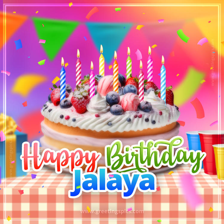 Happy Birthday Jalaya Colorful Image with fruit cake and candles (square shape image)