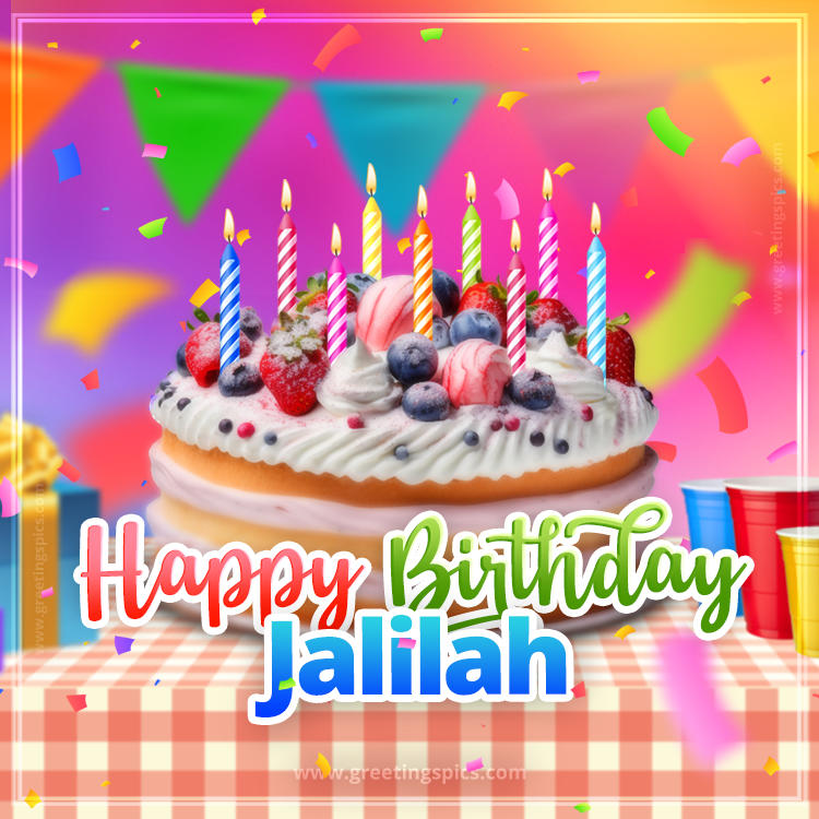 Happy Birthday Jalilah Colorful Image with fruit cake and candles (square shape image)