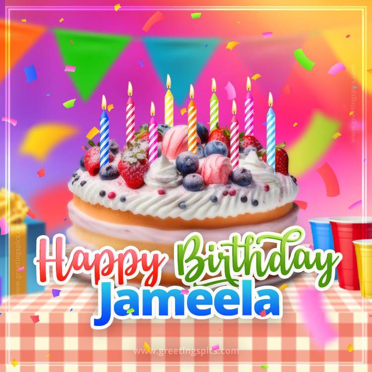 Happy Birthday Jameela Colorful Image with fruit cake and candles (square shape image)