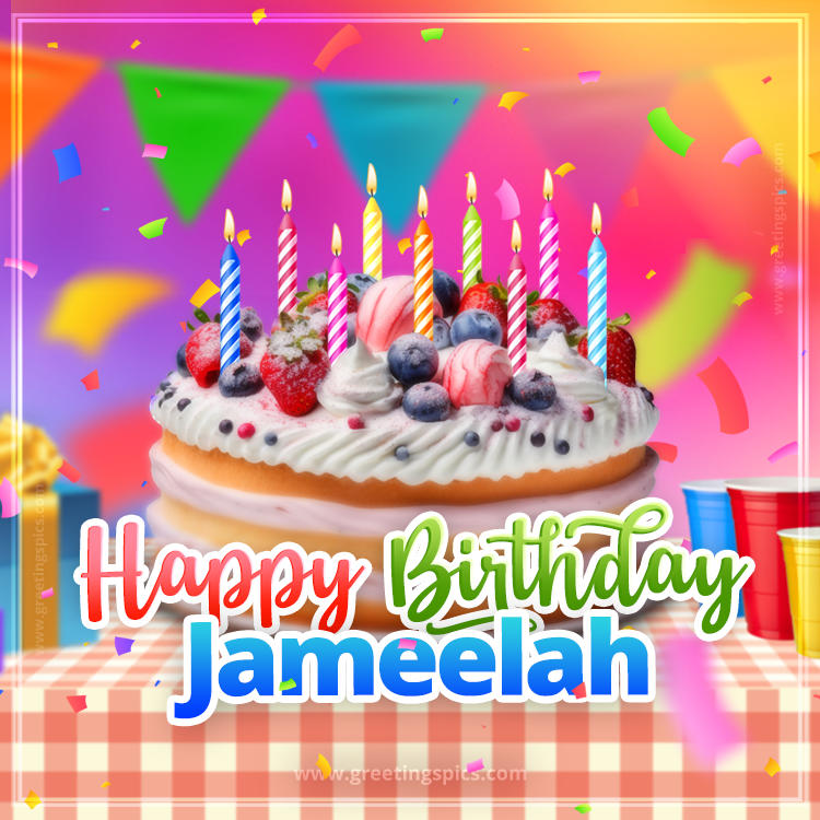 Happy Birthday Jameelah Colorful Image with fruit cake and candles (square shape image)