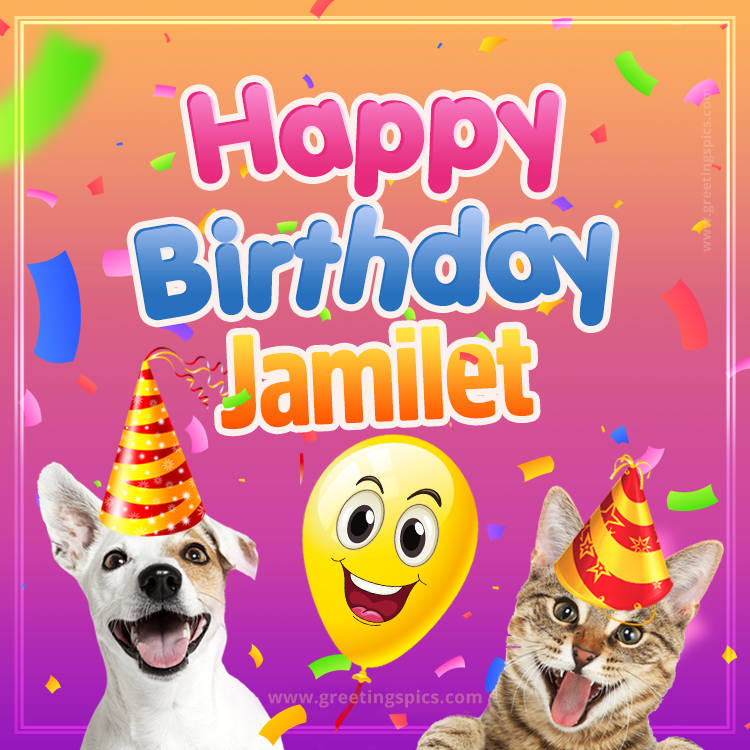 Happy Birthday Jamilet Funny Image with cat and dog (square shape image)