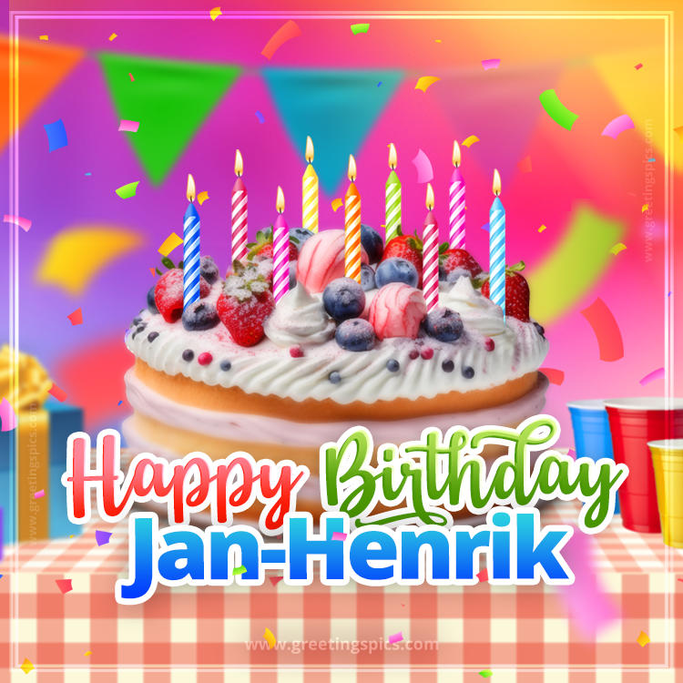 Happy Birthday Jan-Henrik Colorful Image with fruit cake and candles (square shape image)