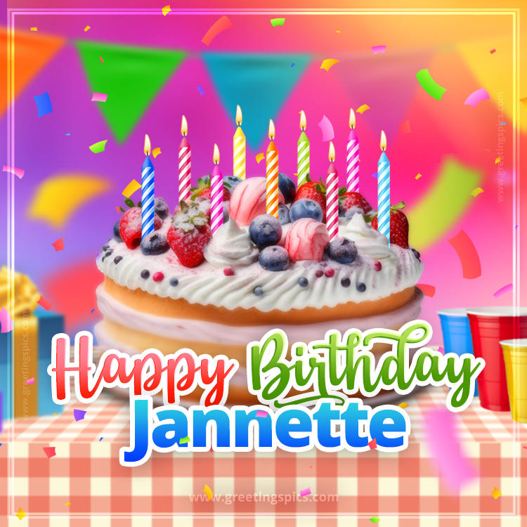 Happy Birthday Jannette Colorful Image with fruit cake and candles (square shape image)