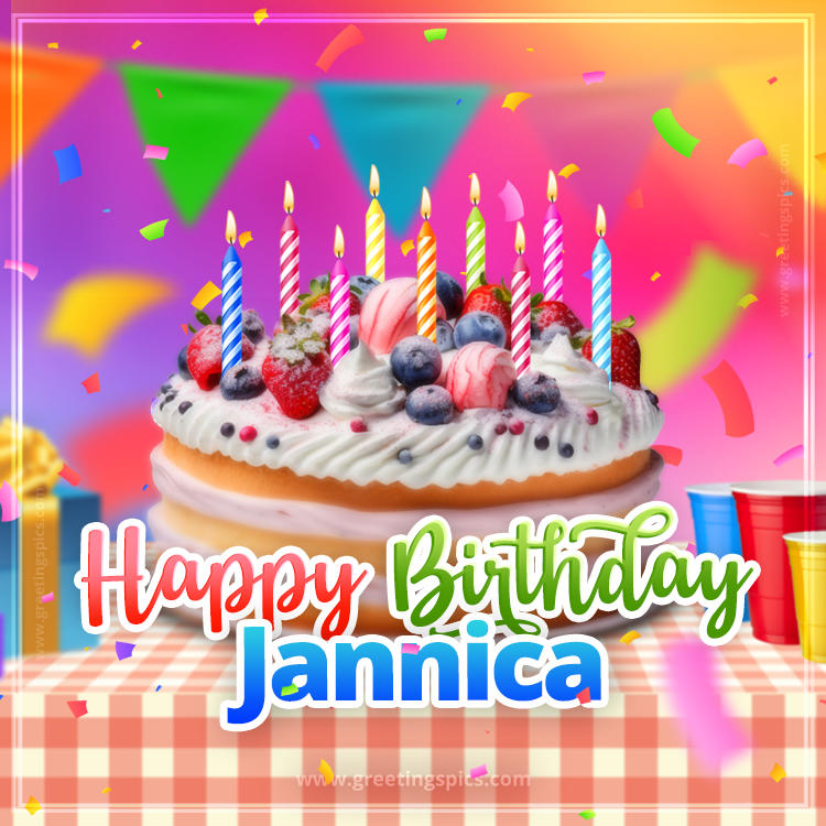 Happy Birthday Jannica Colorful Image with fruit cake and candles (square shape image)