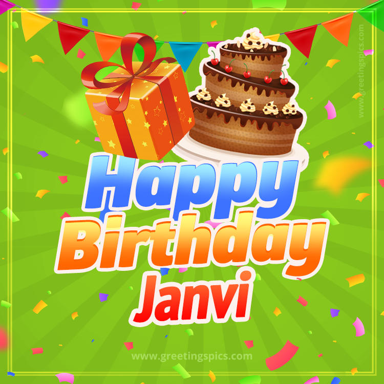 Happy Birthday Janvi picture with flags, chocolate cake and gift box (square shape image)