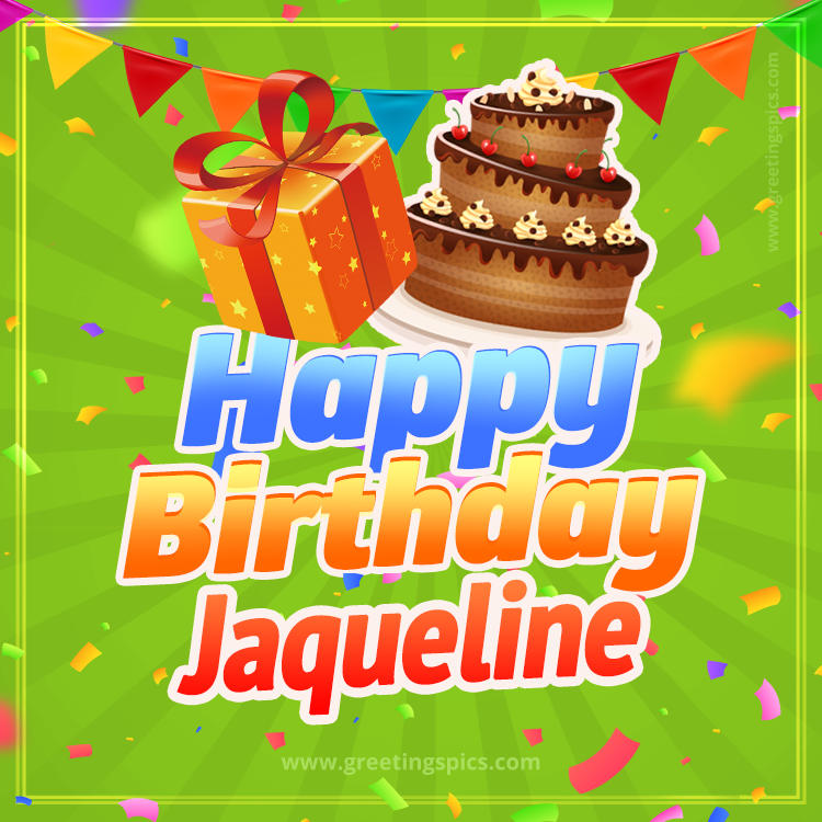 Happy Birthday Jaqueline picture with flags, chocolate cake and gift box (square shape image)