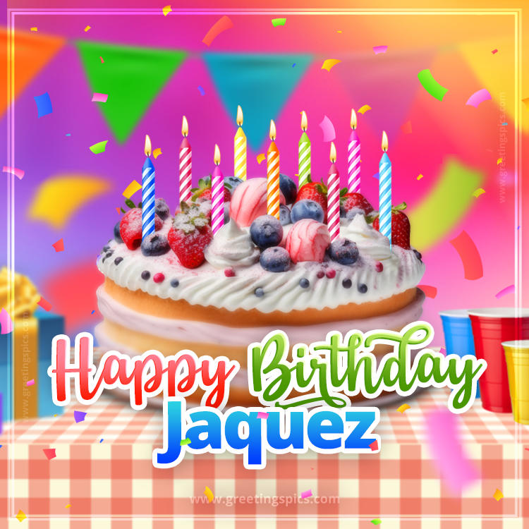 Happy Birthday Jaquez Colorful Image with fruit cake and candles (square shape image)