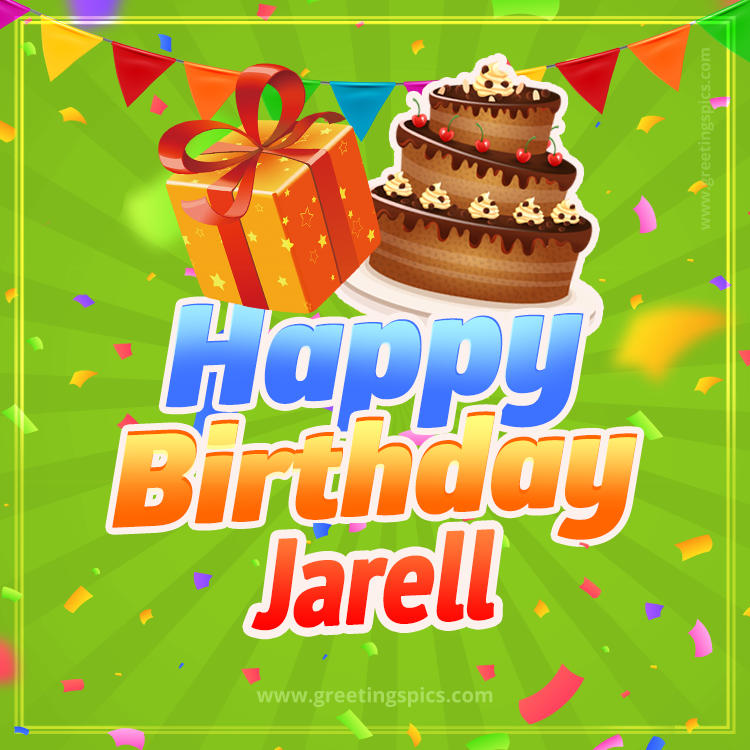 Happy Birthday Jarell picture with flags, chocolate cake and gift box (square shape image)