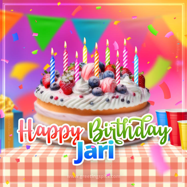 Happy Birthday Jari Colorful Image with fruit cake and candles (square shape image)